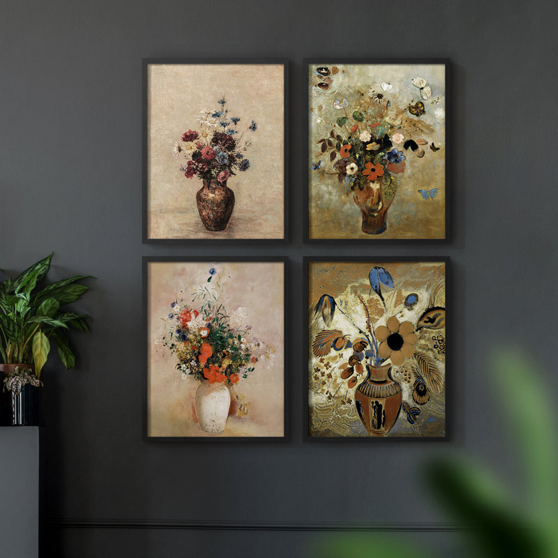 «Vintage Floral Print», impression encadrée - ensemble de 4, H 14 po x l 44 po