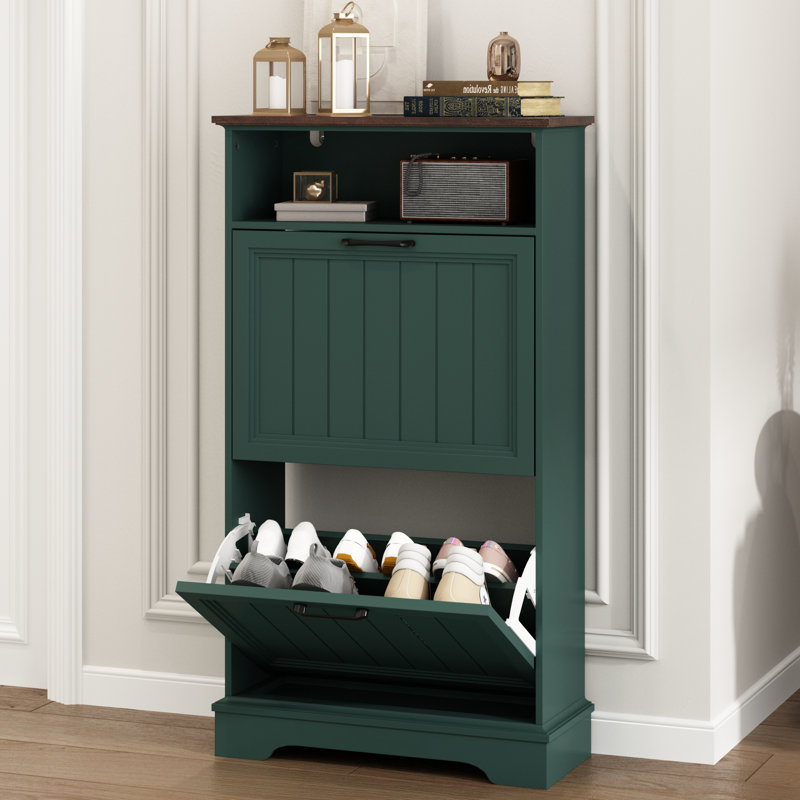 Armoire de rangement pour 12 paires de chaussures avec 2 tiroirs rabattables, Vert/brun