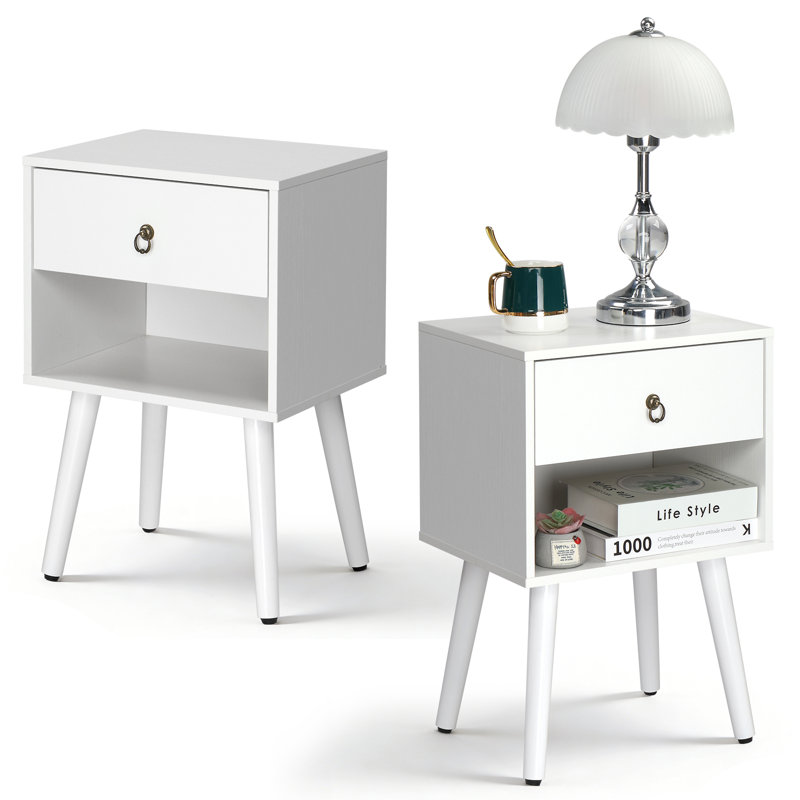 15 Inches Wide Nightstand - 1 Drawer, Lower Shelf - Set Of 2, White