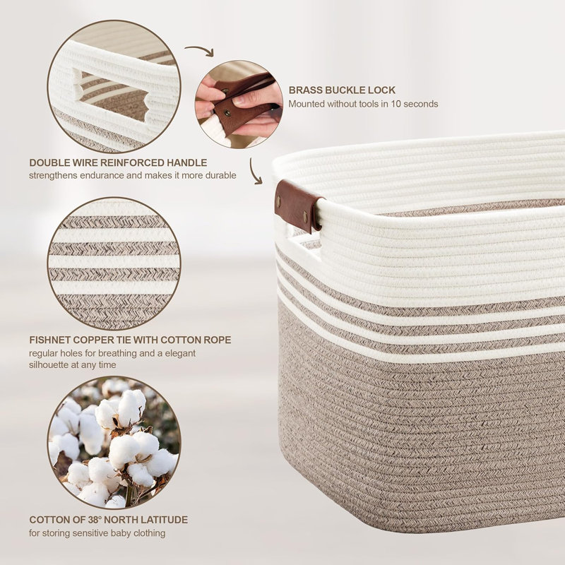 B0FNQPG7W486L Très grand panier à linge avec poignées en cuir pour le rangement dans le salon. 24 po x 16 po x 14 po, blanc