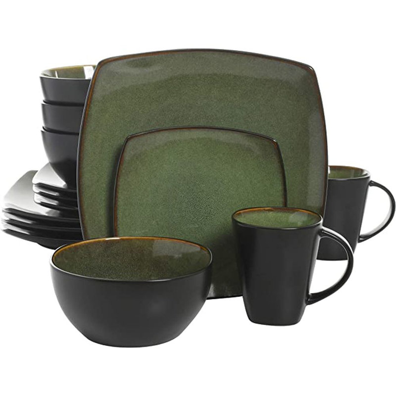 Ivy Bronx  Stoneware Dinnerware - Service for 4, Green/Black