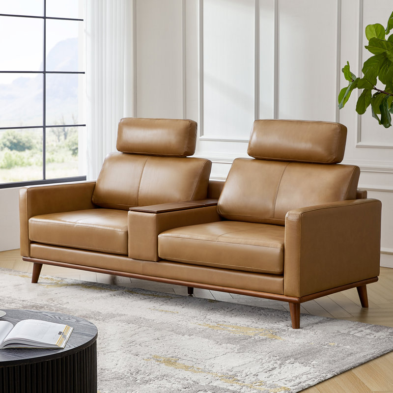 Plina 89"Wide Mid-Century Modern Top Grain Leather Sofa with Multifunctional Storage Box, Camel