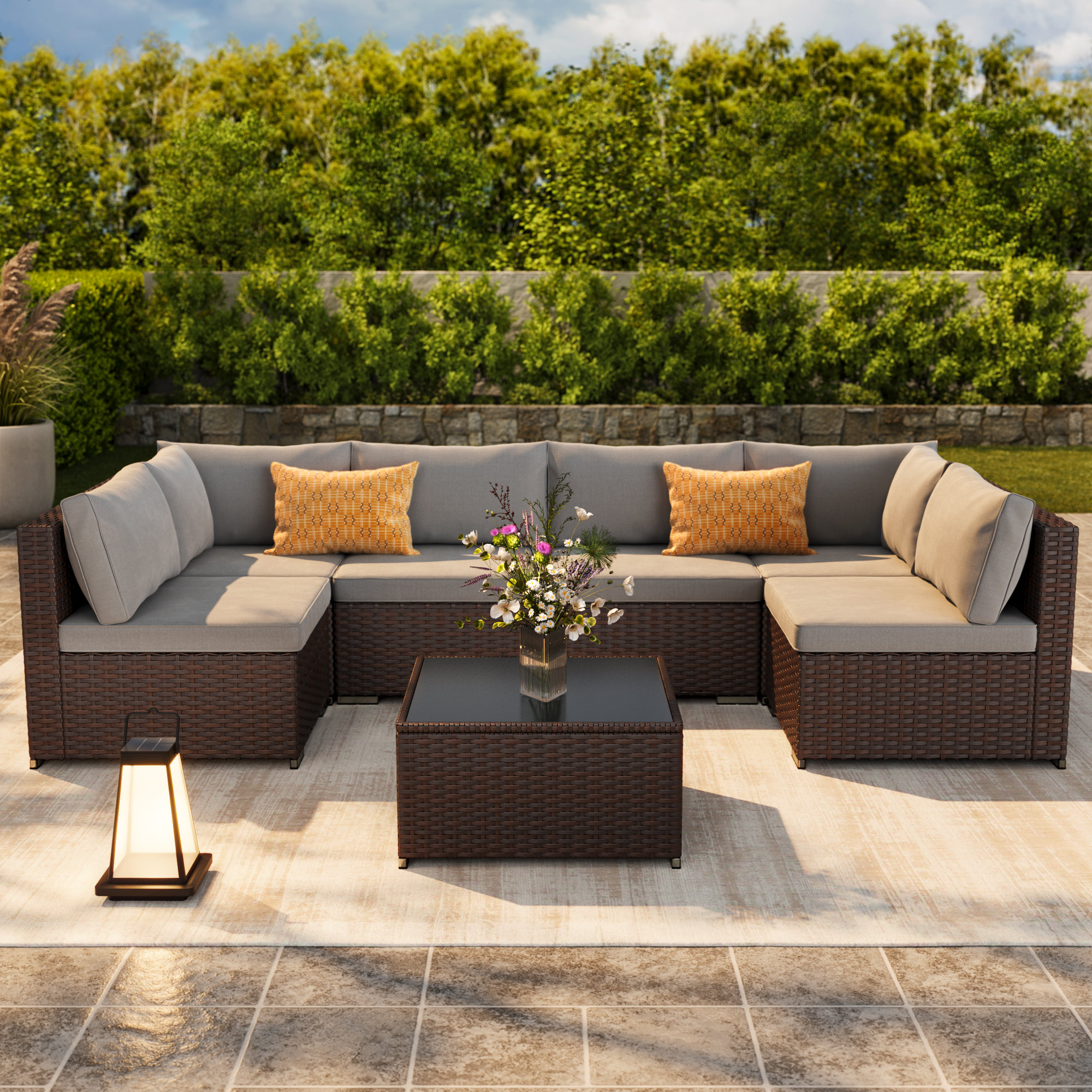 Ebern Designs Mirana 7 Piece Rattan Sectional Seating Group with Cushions & Reviews | Wayfair