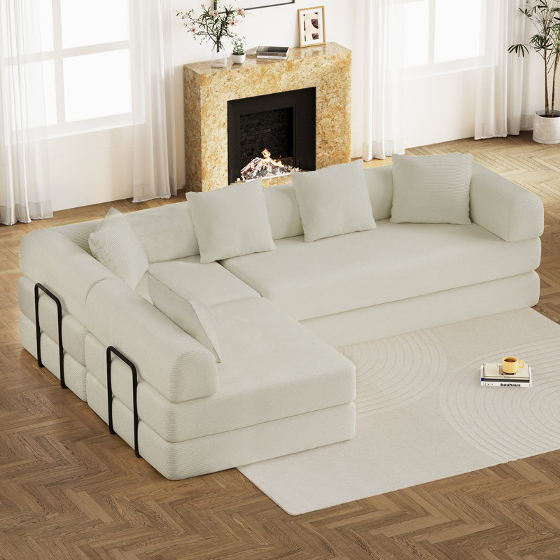 Boneless Convertible Sectional Sleeper Sofa Bed Modular Compression Couch With Removable Back And Arm, White Corduroy