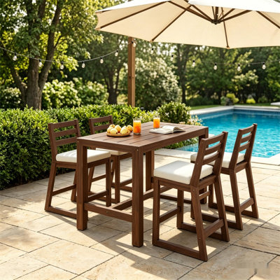 5-Piece Rustic Acacia Wood Patio Bar Set — Solid Wood Slatted Table + 4 Ergonomic Bar Chairs, Weather-Resistant Outdoor Bar Furniture for Balcony, Poolside & Backyard