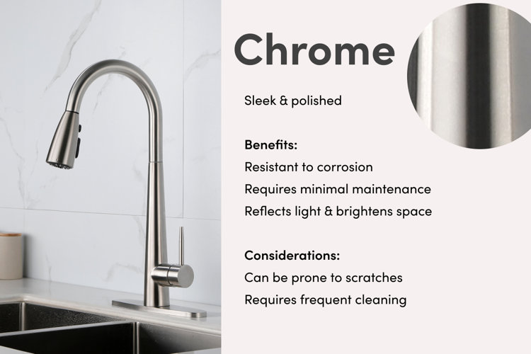 Chrome finish guide showing sleek polished look, corrosion resistance, and minimal upkeep, with scratch and cleaning drawbacks.