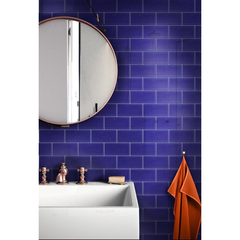 3"X 6" Polished Glass Subway Tile, Blue