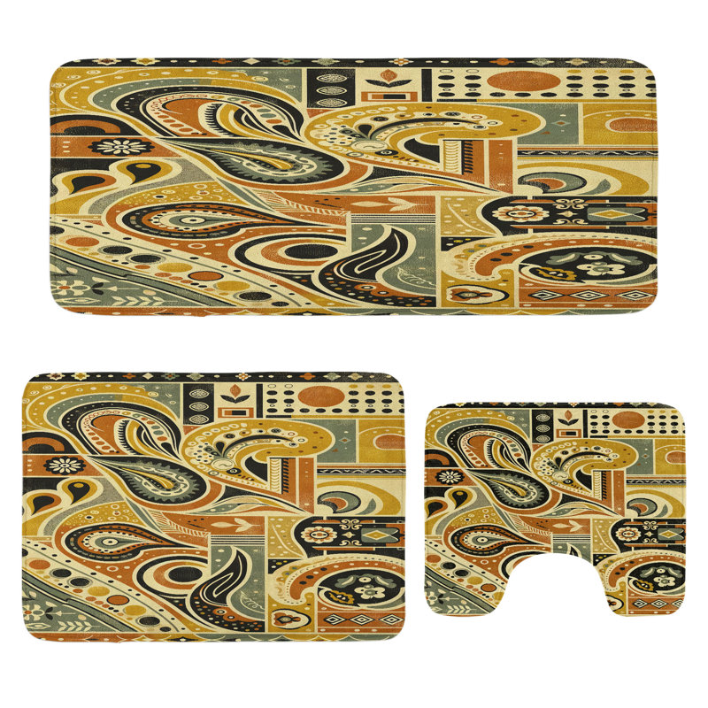  Ensemble de tapis de salle de bain bohémien 3 pièces en U et tapis rectangulaires kaki pâle rouille