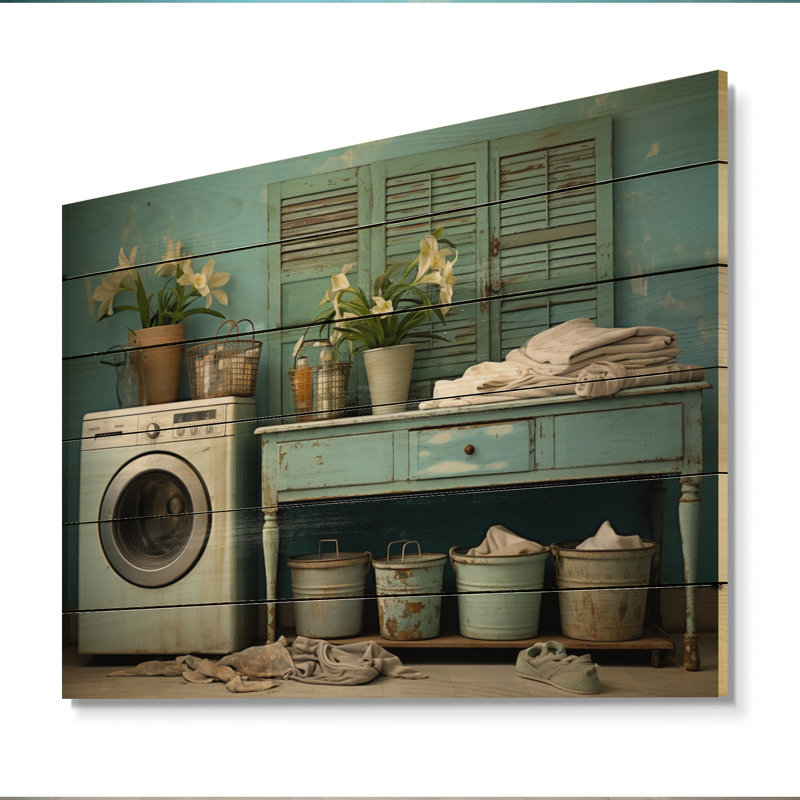 Turquoise Vintage Laundry Room I sur impression sur bois, H 30 po x l 40 po x P 0,78 po