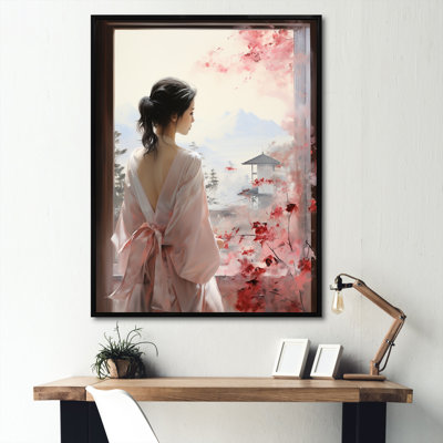 Arbre rose, femme japonaise vue de fenêtre III - Japon, art mural