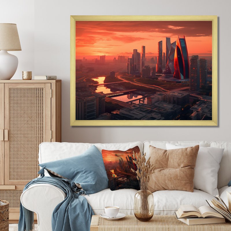 «Orange and Pink Architectural Merveilles II», reproduction sur toile, H 34 po x l 44 po x P 1,5 po, Encadrement doré