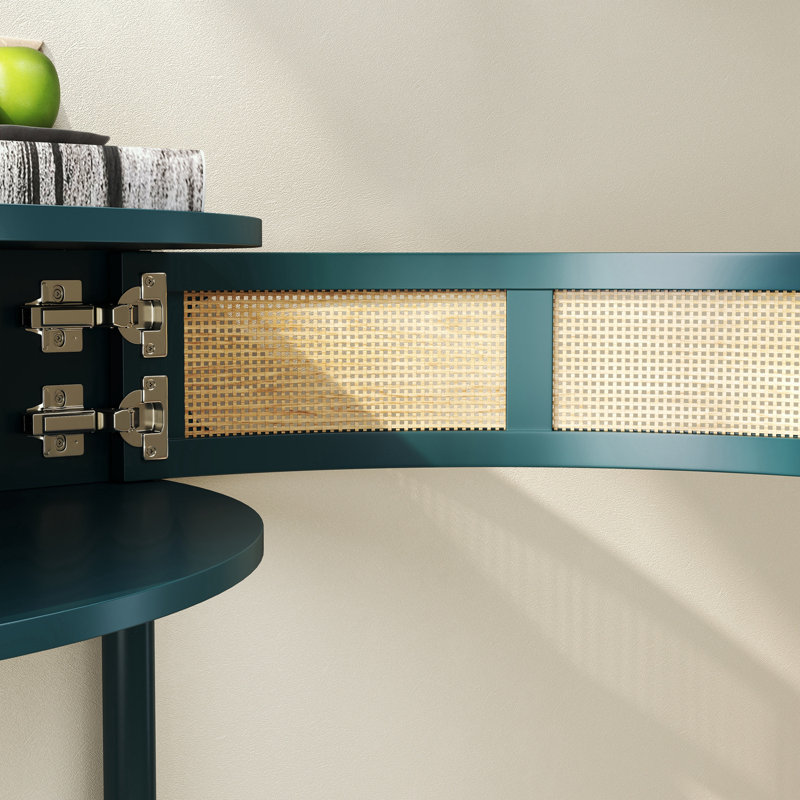 Wooden console Table with Sliding Rattan Door and buttom shelf, Antique Green