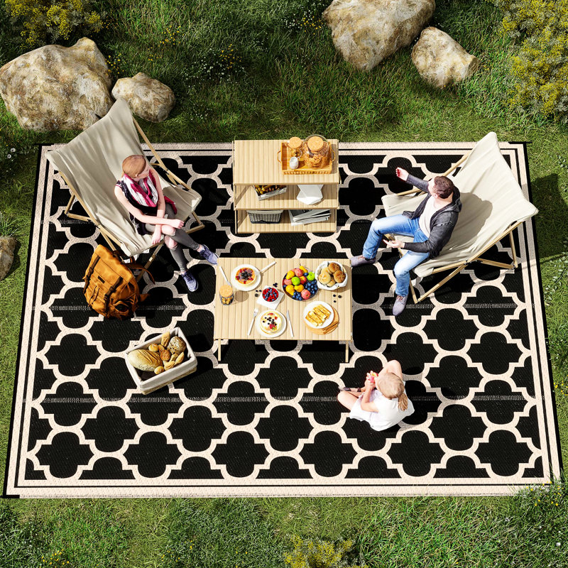 Tapis de camping imperméable, 9 pi x 12 pi, portatif avec sac de transport, pour terrasse, pique-nique, plage, tapis de pique-nique réversible noir et beige, tapis extérieur