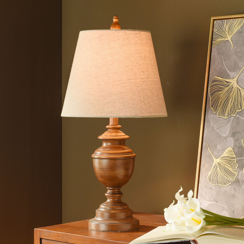 French Oak and Beige Resin Table Lamp with Linen Shade
