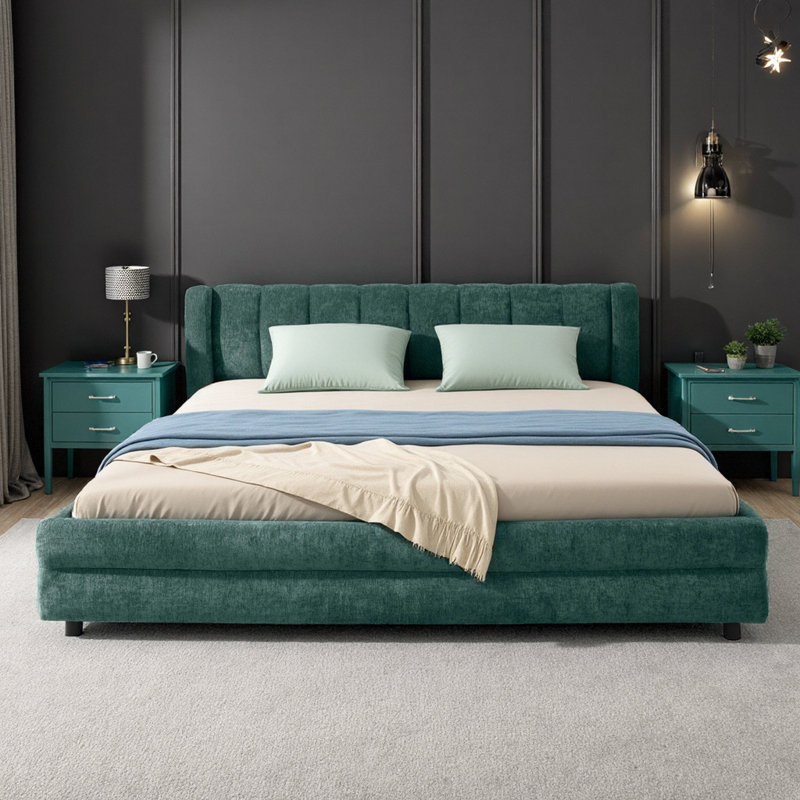 Structure de lit double tapissier en chenille bleu et vert avec tiroirs de rangement - Design plateforme moderne (l 86 po x P 68,5 po x H 67 po)