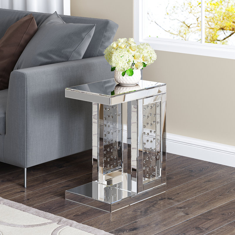 Melle Glass Side Table Mirrored C Shape Sofa Side Table with Storage