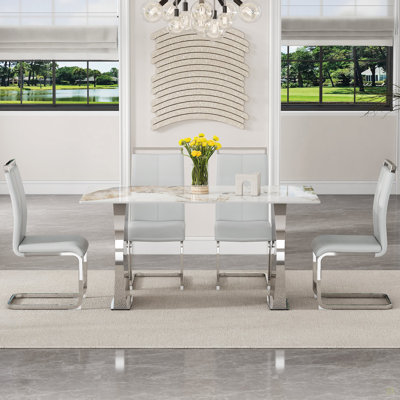Table And Chair Set. Pandora Patterned Sintered Stone Dining Table Set - 4 PU Chairs With Silver Metal Legs.Modern Light Luxury.Perfect For Dinner Room,Meeting Room,Kitchen,Etc.