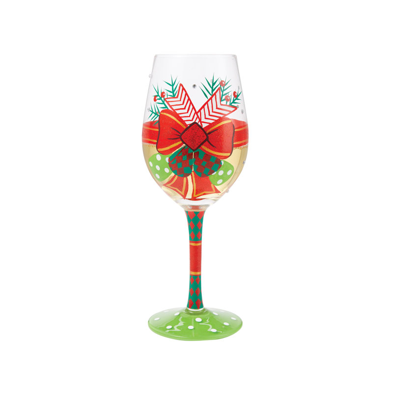 Lolita Hand-Painted Christmas Bow Wine Glass, 15 Ounce