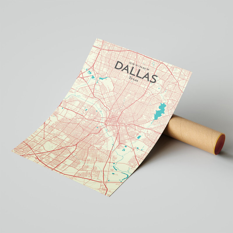 « dallas city map », reproduction d’impression sur affiche en tricolore, H 17 po x l 11 po