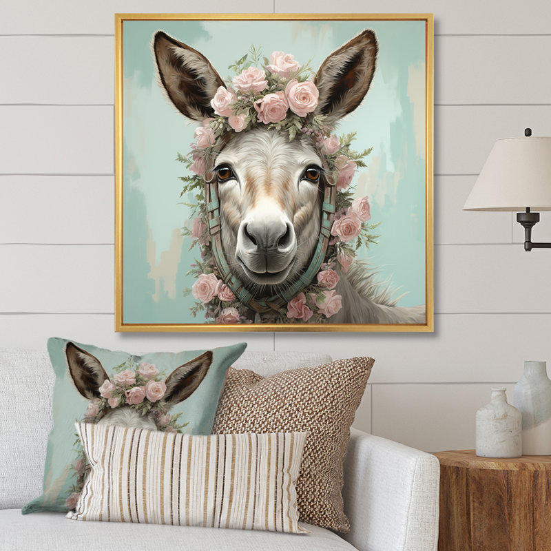 Adorable portrait floral d'âne - art mural d'âne, H 16 po x l 16 po x P 1 po, Cadre flottant doré