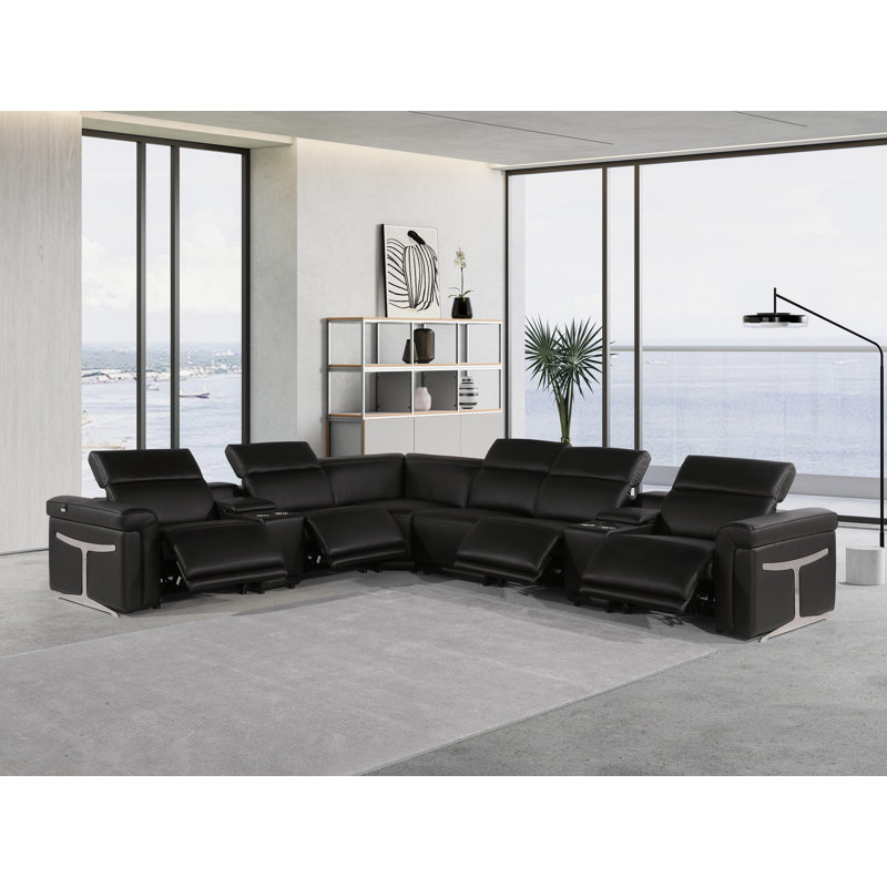 Suhur 8-Piece Top Grain Italian Leather Power Reclining Chaise Sectional, Black Genuine Leather