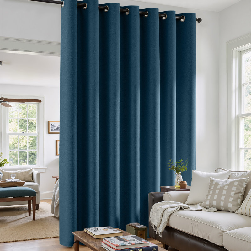 Grommet Room Darkening Linen Textured Curtain, 100" W x 96" L, Blue