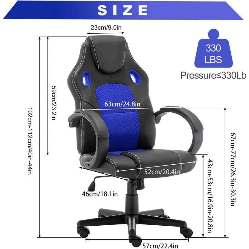 Fauteuil de jeu inclinable, ergonomique et réglable pour PC, Bleu
