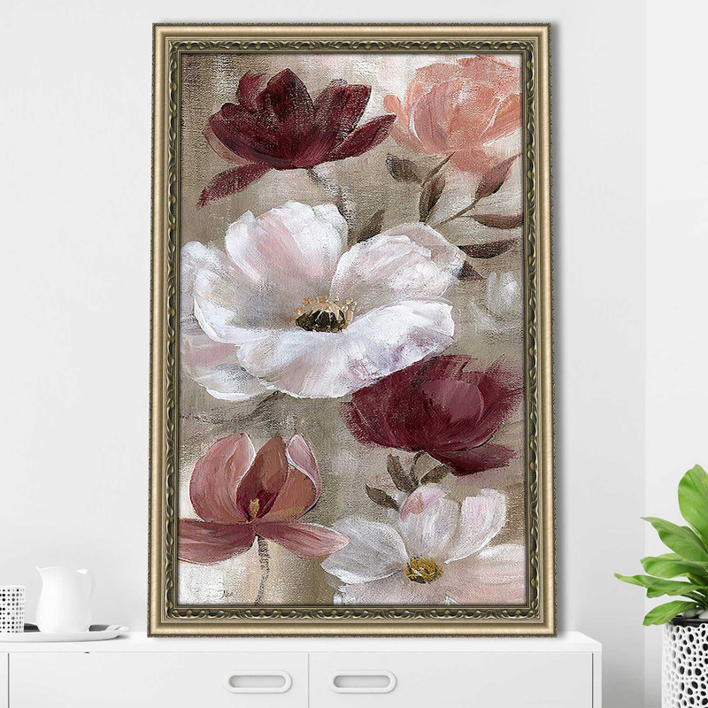«Transient Garden Reds I» par Nan - Peinture, Encadrement champagne, H 39,5 po x l 27,5 po x P 0,75 po
