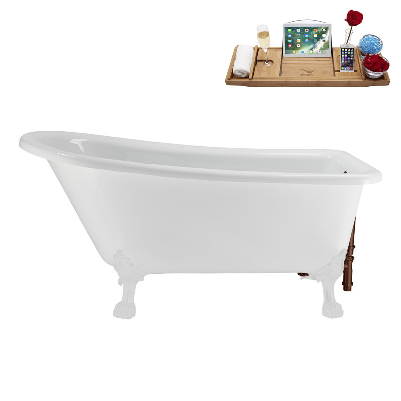 58" Streamlin Clawfoot Tub,Tray,Drain, Clawfeet, Glossy White, Matte Oil Rubbed Bronze