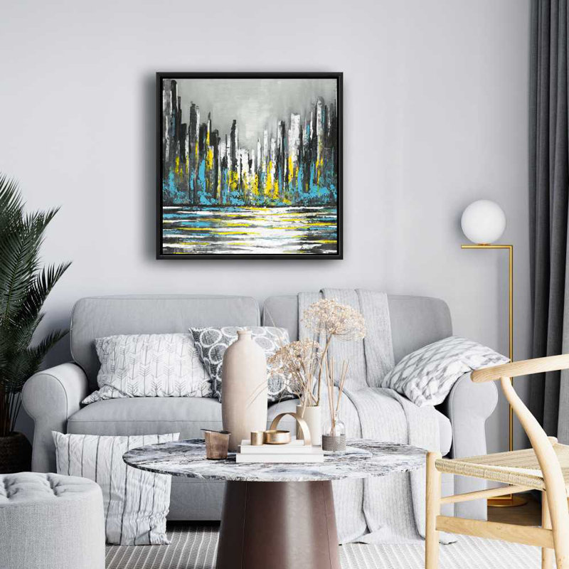 Toile abstraite encadrée, "Blue Skyline", H 25,25 po x l 25,25 po