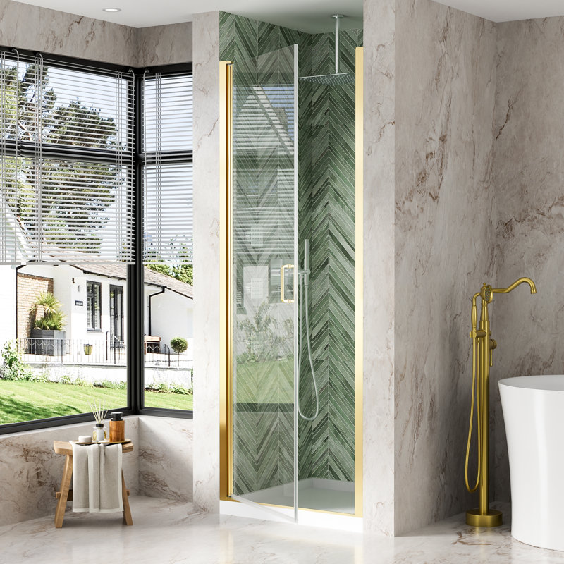 Porte de douche pivotante semi-sans cadre H 30 po x 72 po avec verre trempé transparent de 1/4 po (6 mm) et poignée, or brossé