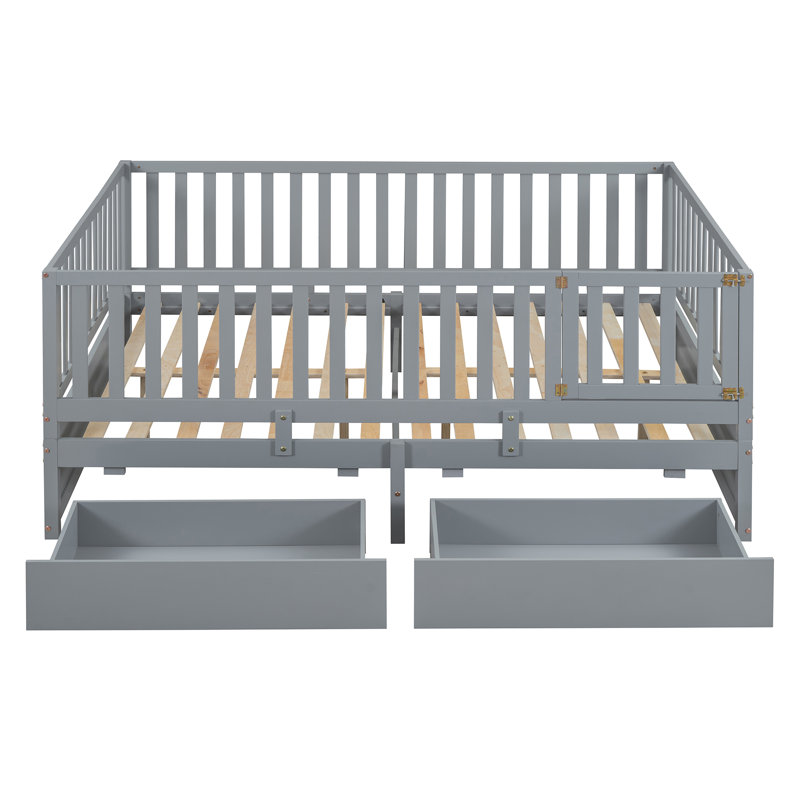  Wood Daybed with Fence Guardrails, 2 Storage Drawers, Convertible Floor Bed, and Shelving for Multi-Functional Use, Grey