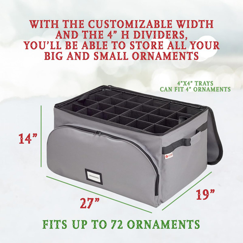 Boîte de rangement d'ornement de Noël pouvant contenir des ornements de 72 à 4 pouces avec 3 plateaux individuels, Gris