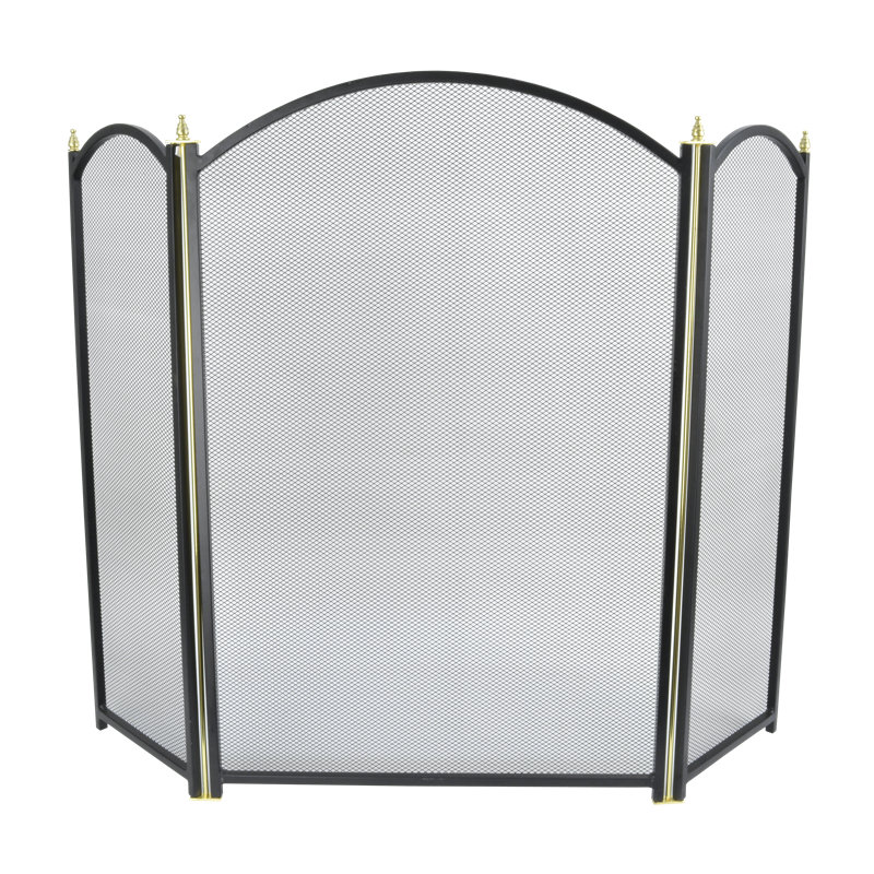 3 Panel Steel Fireplace Screen, 66cm H x 43cm W x 21cm D, Black/Brass