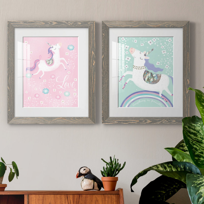 «Love Unicorn», ensemble de 2 impressions, Blanc, H 24 po x l 36 po x P 1,5 po, Cadre en papier gris
