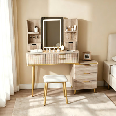 7-Drawer Fluted Makeup Vanity with LED Mirror, Carved Decor, Metal Legs, PU Stool and Jewellery Storage