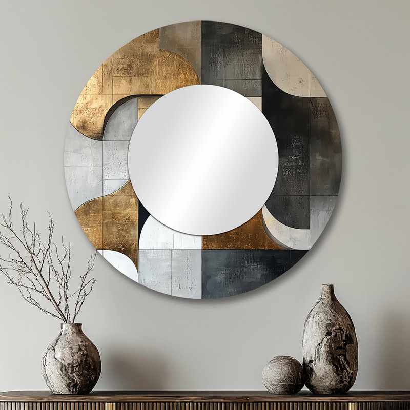 Geometric Gold Blue And Grey Pure Form I - Waves Decorative Mirror Wall Art - Printed On Metal, 29" x 29"