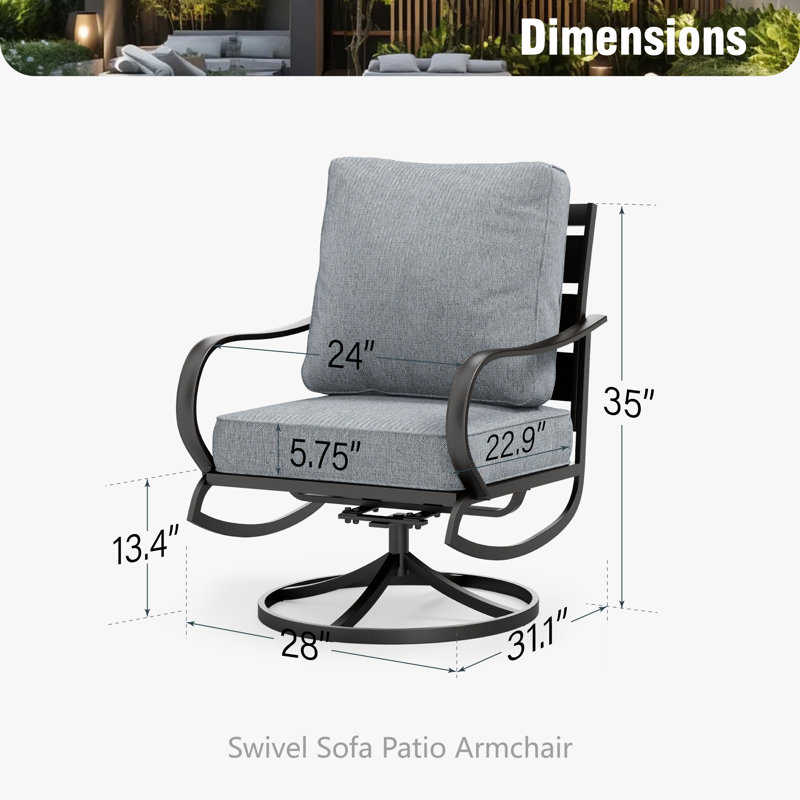Argirios Metal Patio Swivel Chair with Cushions (Set of 2), Gray