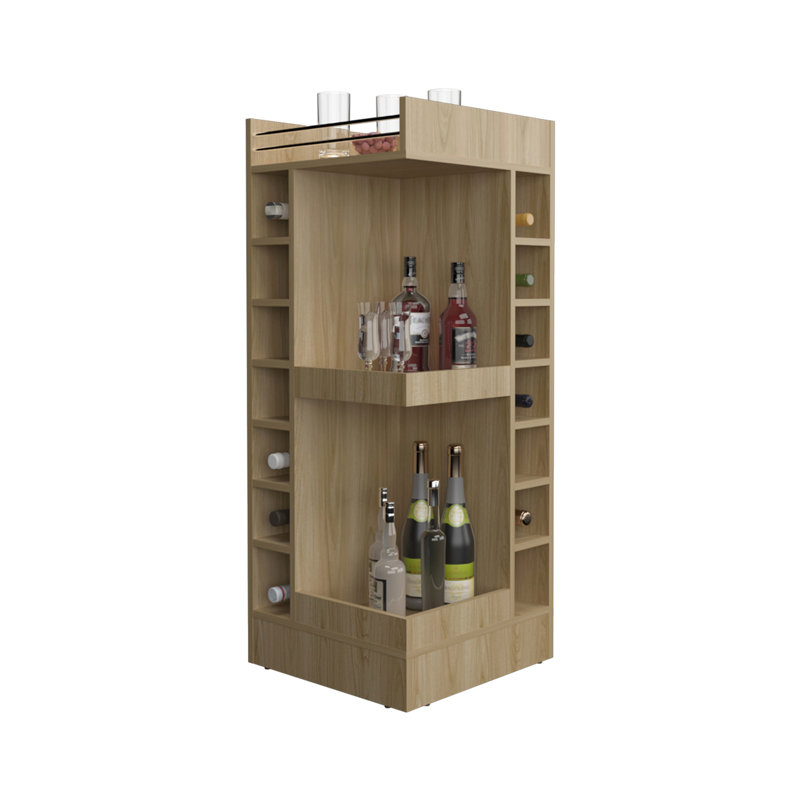 3 Corner Bar Cabinet 46" Tall In Oak - 14 Liquor Bottle & Fashionable Storage Wine Choice, Oak