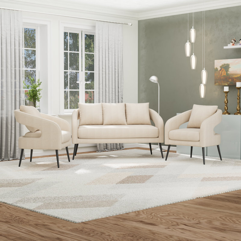 Ensemble de meubles 3 pièces, causeuse l 53,7 po avec 2 chaises de lecture et coussins, Beige