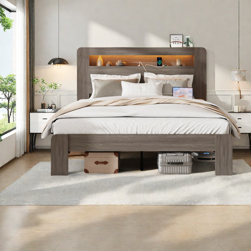 Lits modernes peu encombrants, grand lit en bois et en métal avec rangement et USB