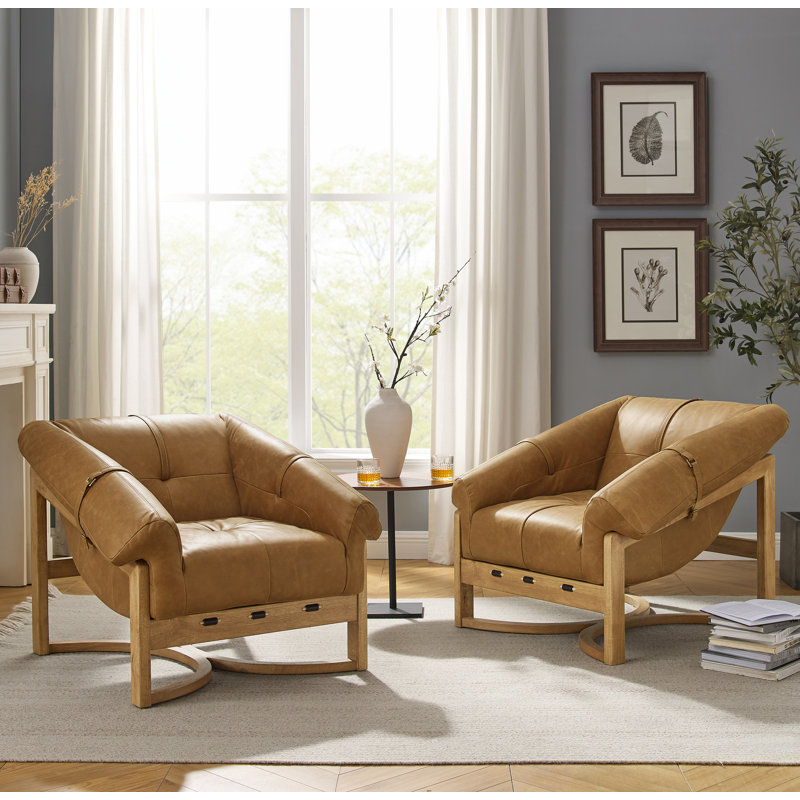 Rod 33''W Full-Grain Genuine Leather Upholstered Armchair Leisure Lounge Chair with Ash Wood Base, Cognac Genuine Leather