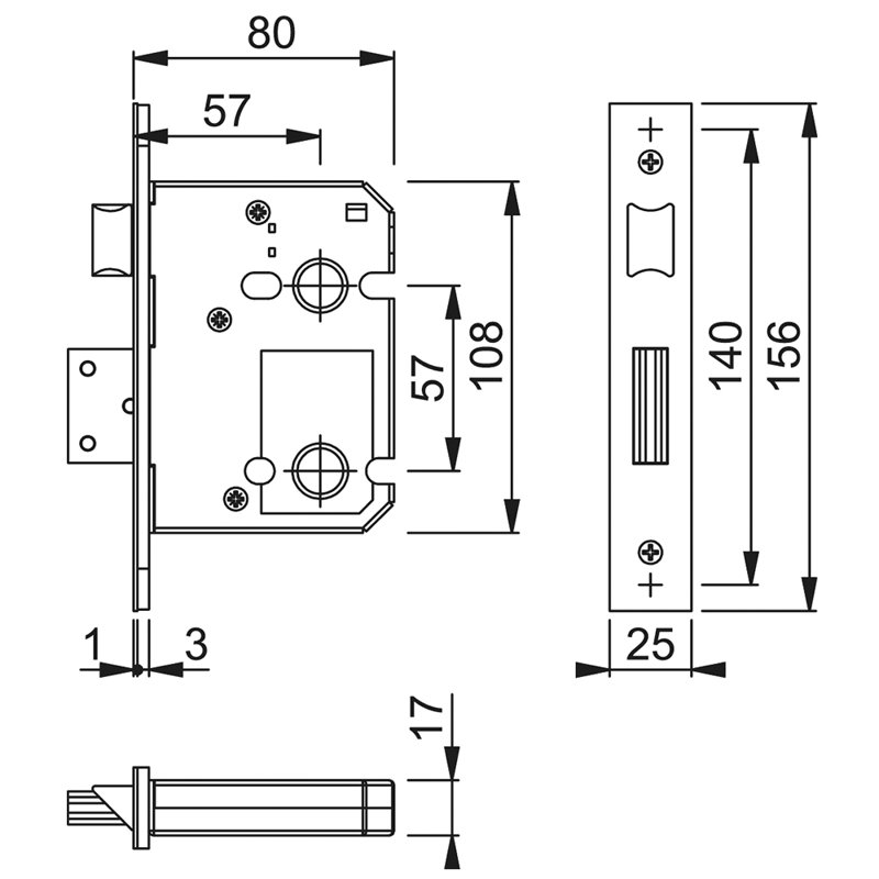 Bathroom Mortice Lock, Satin Stainless Steel