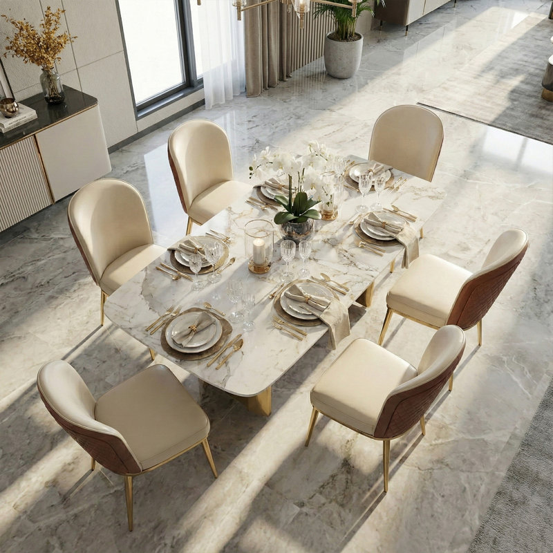 Table de salle à manger de luxe 63 po avec plateau en pierre frittée à motif naturel aléatoire et base en métal, table de salle à manger rectangulaire moderne, mobilier de salle à manger de cuisine élégant, 6 chaises