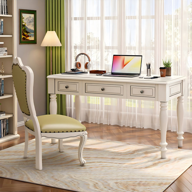 55.12"Cream White Retro Rectangle Solid Wood Writing Desk,3-drawer, 30.39" H x 55.12" W x 23.62" D