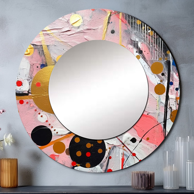 Rose et gris géométrique II - grand miroir géométrique, miroir mural rond rose, impression sur métal, 29 po x 29 po