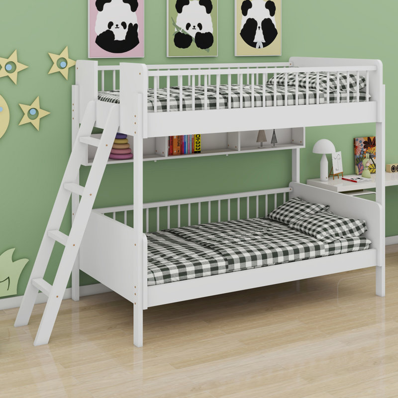 Lit superposé en bois avec 3 tablettes de rangement, l'échelle peut être changée à gauche ou à droite, Blanc