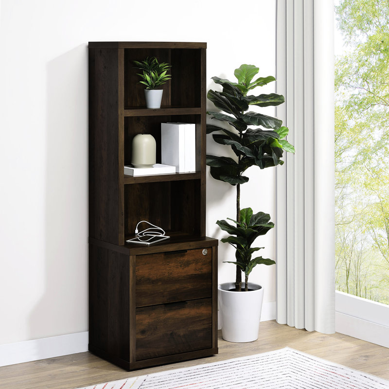 Bibliothèque à 3 tablettes en pin foncé avec tiroir verrouillable, bois d'ingénierie, mobilier de bureau, pin profond de 15,5 pouces avec rangement de charge, largeur de 19,71 po