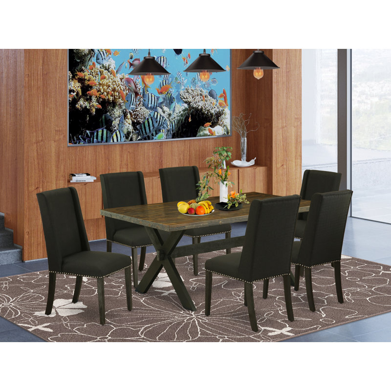 Ensemble de table de salle à manger 7 pièces moderne composé d'une table rectangulaire en bois avec pieds en X et 6 chaises de salle à manger Parson