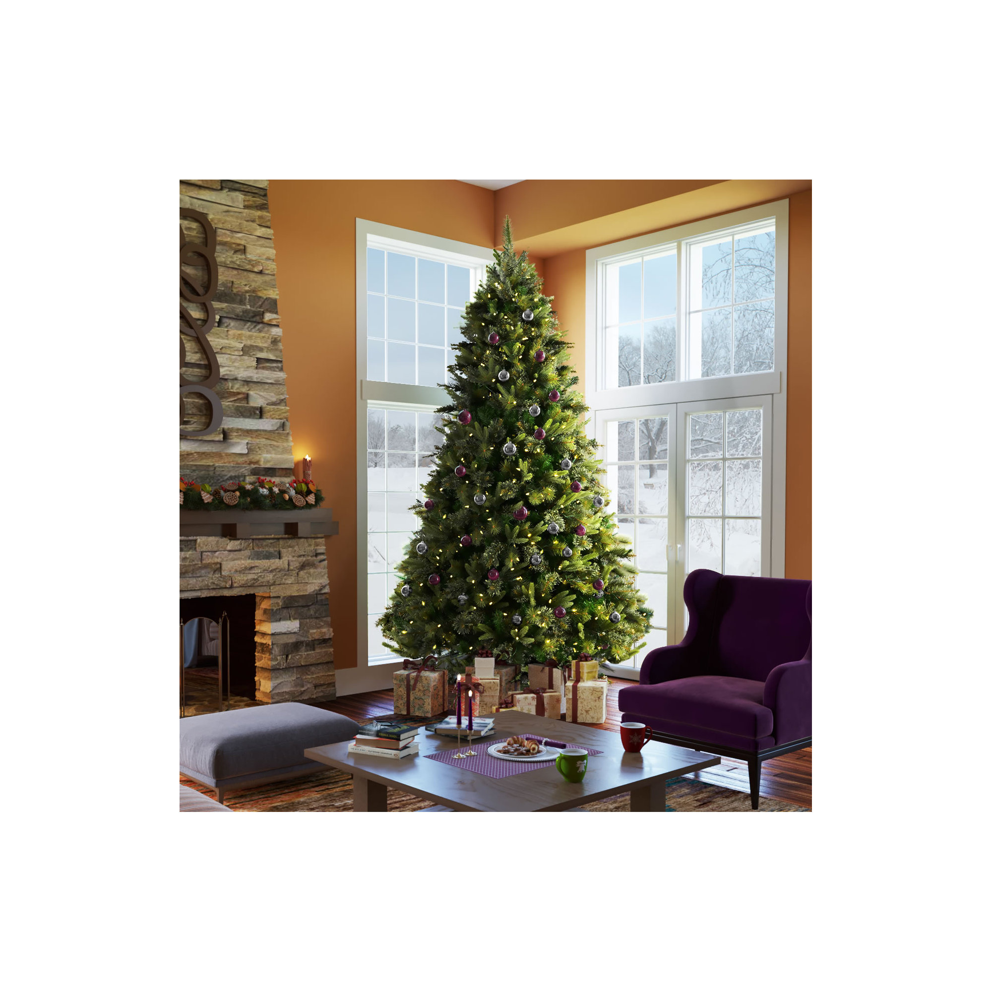 Cashmere Green Pine Artificial Christmas Tree with 900 Dura-Lit Clear Lights with Stand, 4.5' H, Multi-colored LED